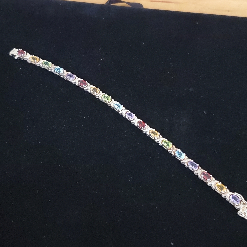 925 Sterling Silver Multi Gemstone Tennis Bracelet Overtone Vintage - Picture 5 of 15
